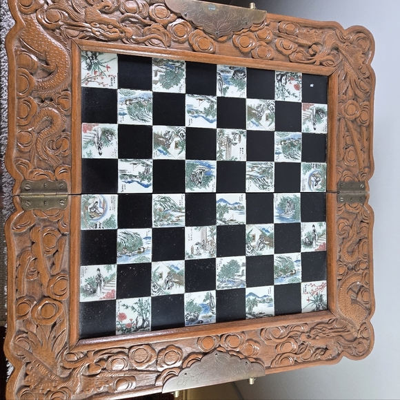 Vintage Chinese Hand Carved Jade Soapstone Chess Set Folding Wooden Case Drawers - Picture 3 of 16